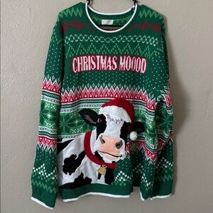 Ugly Christmas Sweater Holiday Time Moo Cow Bell Mens XL Green (46-48)